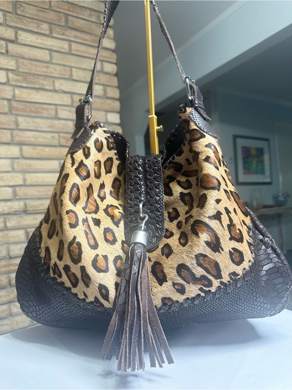 Carla Mancini Leopard Print Shoulder Hobo Bag with Dark Brown Trim
